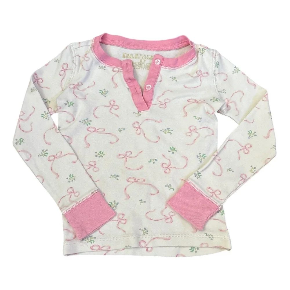 The Beaufort Bonnet Company Pajama Top Girls White Pink Bows SIZE 2T
